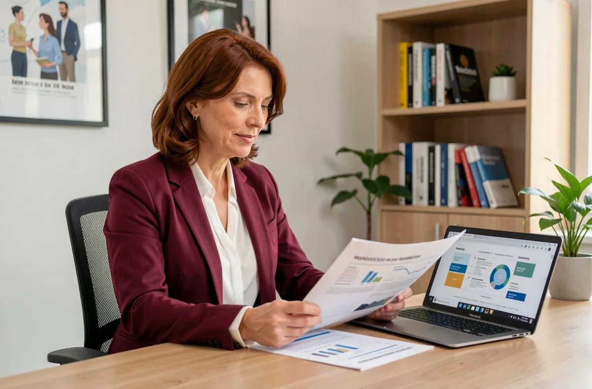 Consultante en marketing de Rozenberg Marketing examinant une stratégie de marque dans son bureau professionnel