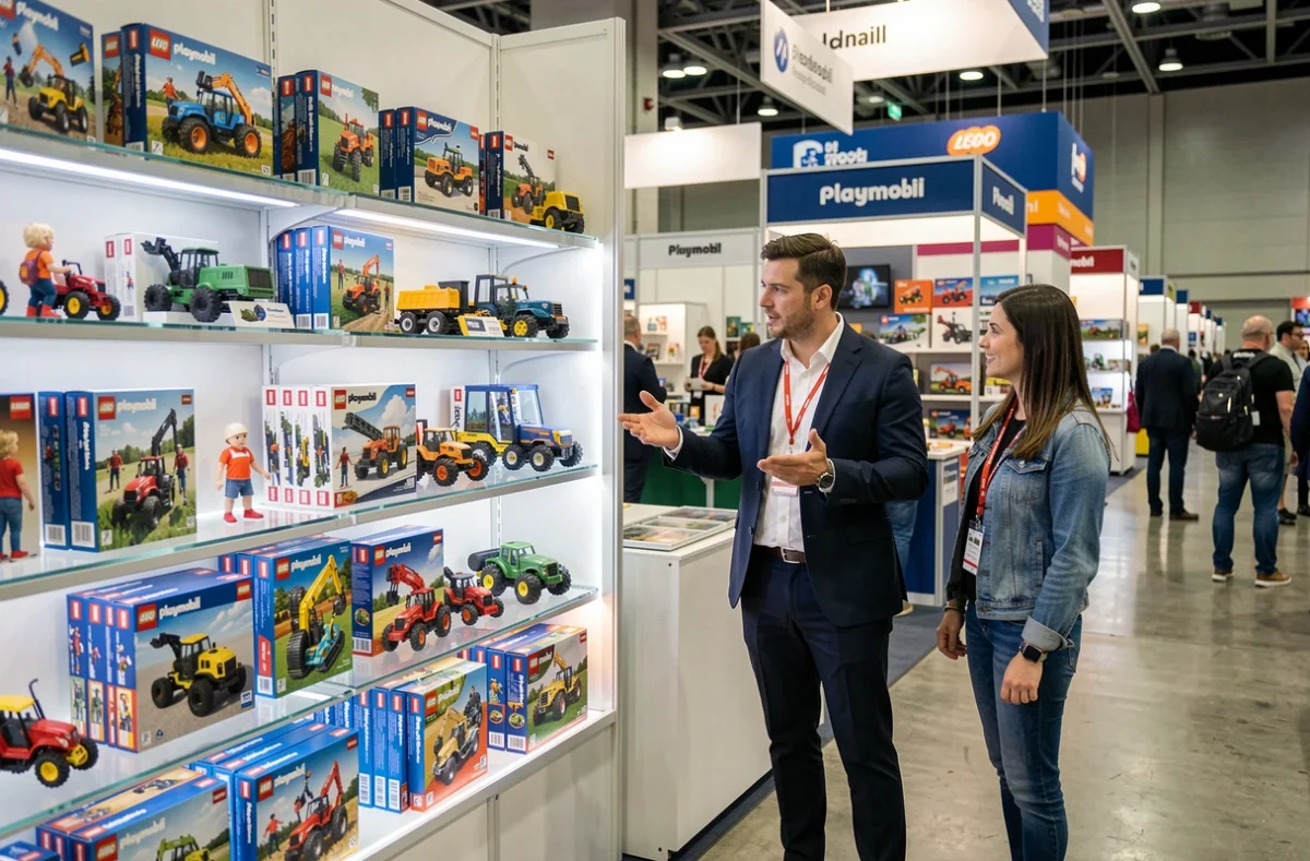 Stand commercial comparant les gammes Playmobil et Lego lors d'un salon professionnel du jouet