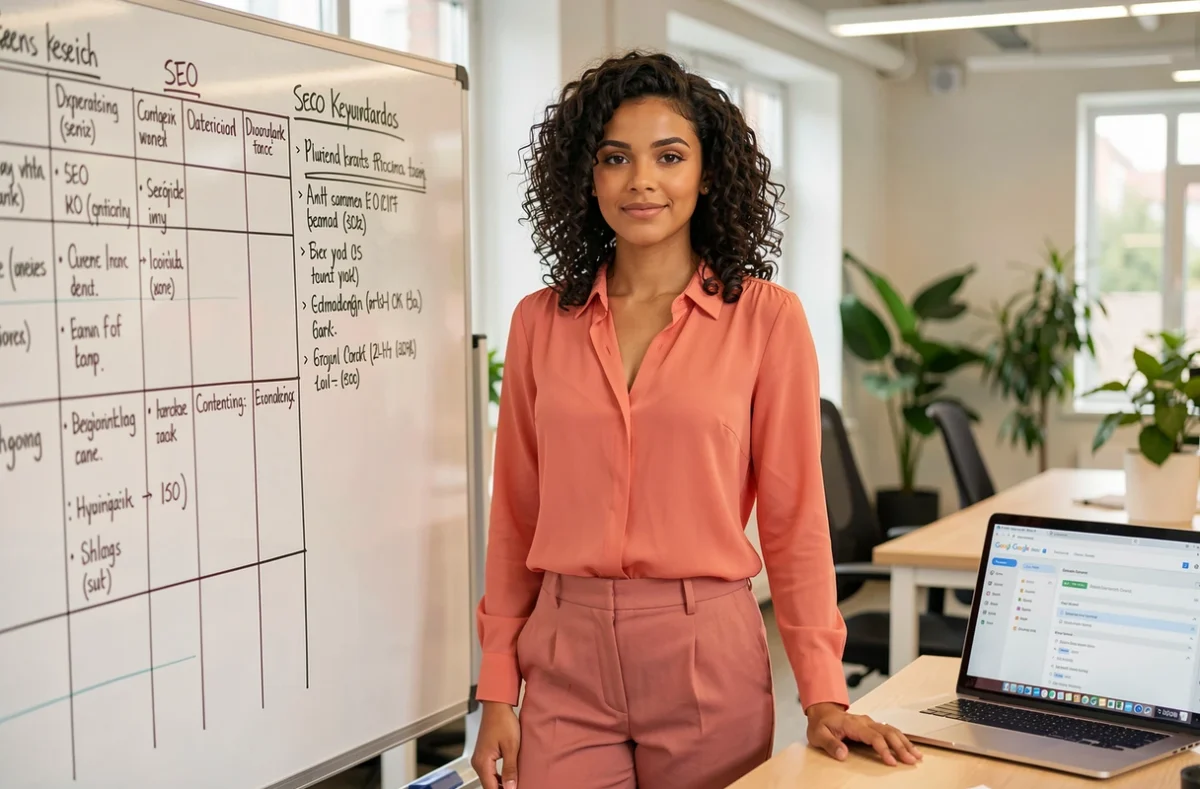Sarah El Gharbi, consultante SEO, présentant sa stratégie de contenu sur un tableau blanc dans un espace coworking