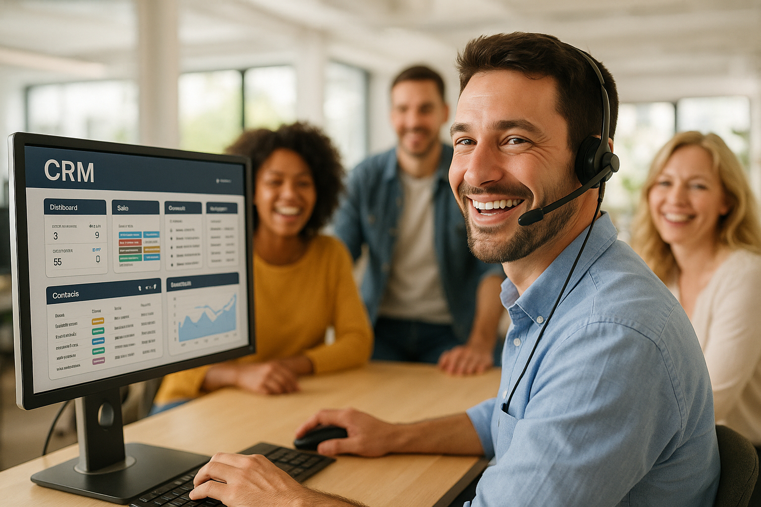 Représentant service client avec casque et clients heureux