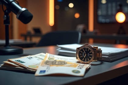Scène de studio TV luxe avec contrats et montre haut de gamme