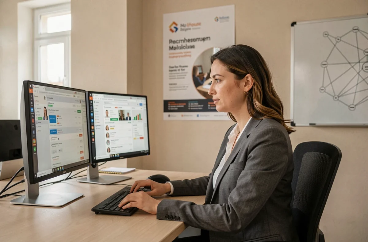 Conseillère en recrutement spécialisée dans un bureau moderne à Mulhouse, représentant SUP INTERIM et le réseau Domitis