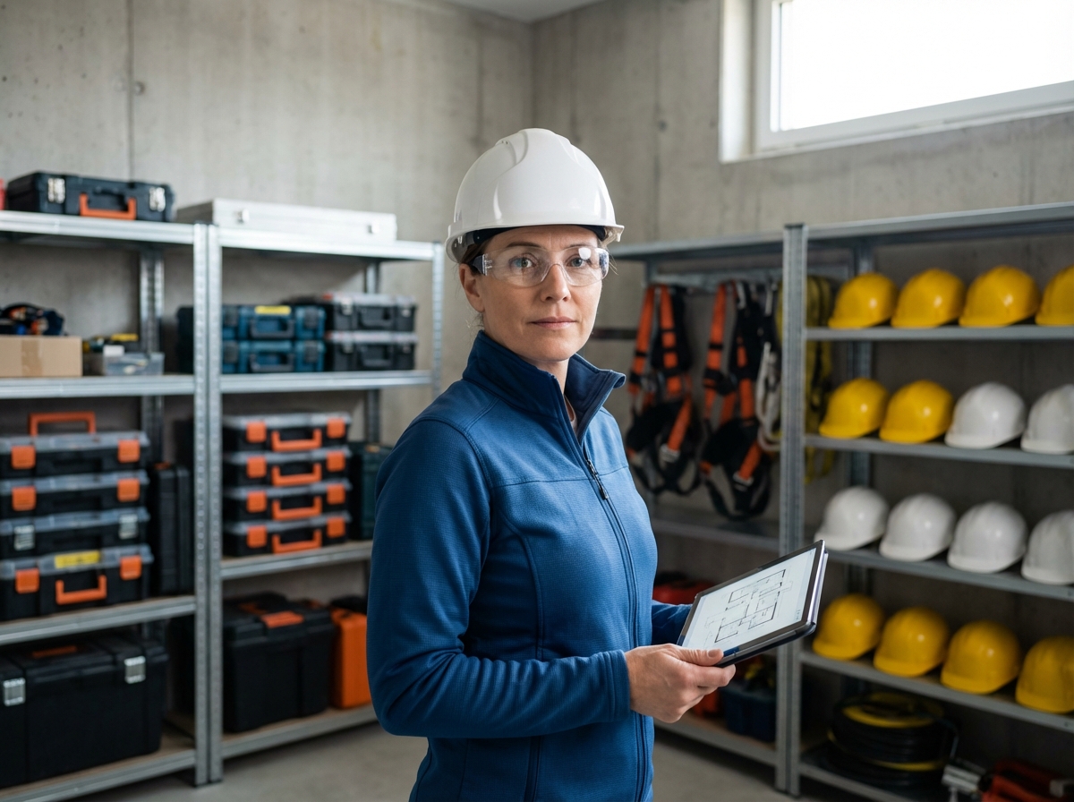 Superviseure de chantier féminine vérifiant une tablette en intérieur