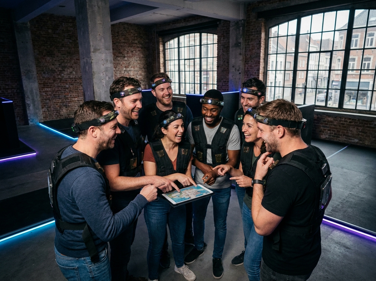 Groupe d'adultes en vestes de laser game lors d'un team building à Lyon dans un loft industriel