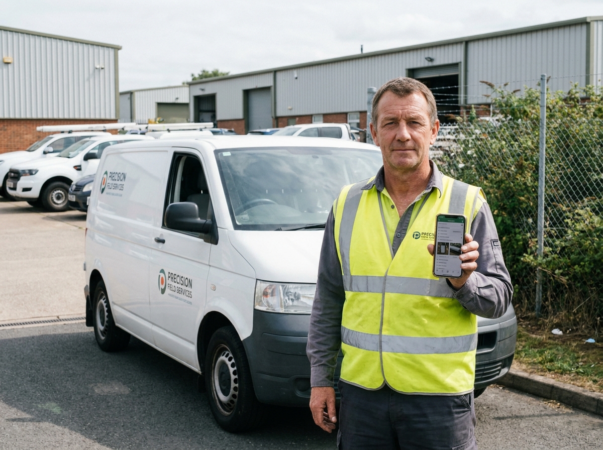 Technicien en gilet haute visibilité consultant une checklist d'intervention sur smartphone avant d'entrer sur un site industriel