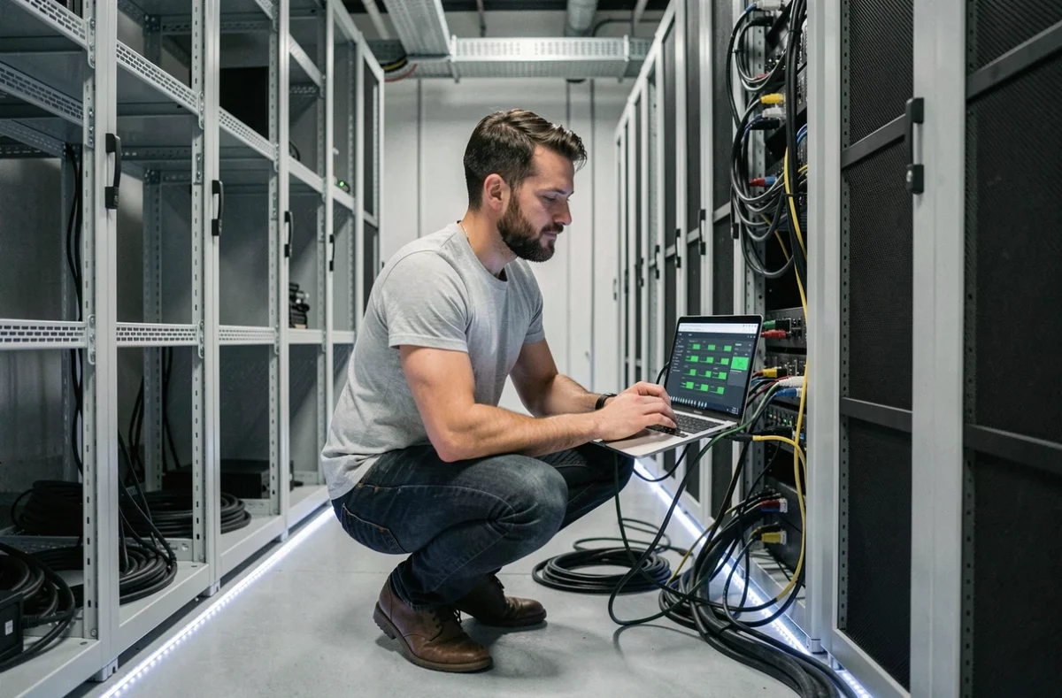 Technicien informatique déployant webmea flow sur infrastructure serveur en salle technique sans interruption de la production
