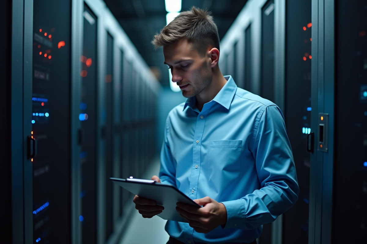 Jeune technicien informatique dans un centre de données