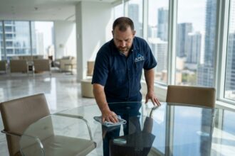 Technicien de nettoyage professionnel en uniforme soigné polissant une table en verre dans un bureau d'entreprise haut de gamme