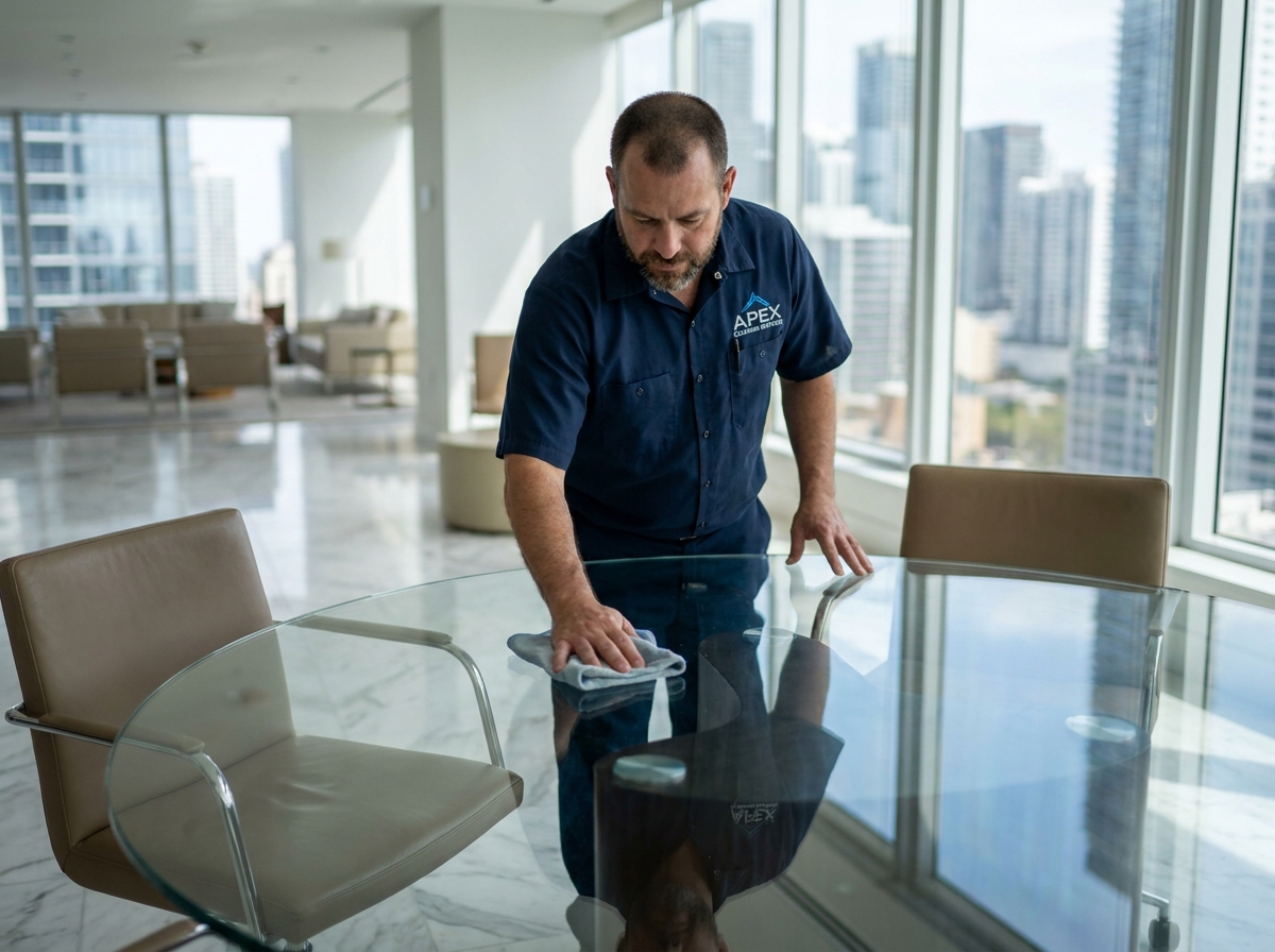 Technicien de nettoyage professionnel en uniforme soigné polissant une table en verre dans un bureau d'entreprise haut de gamme