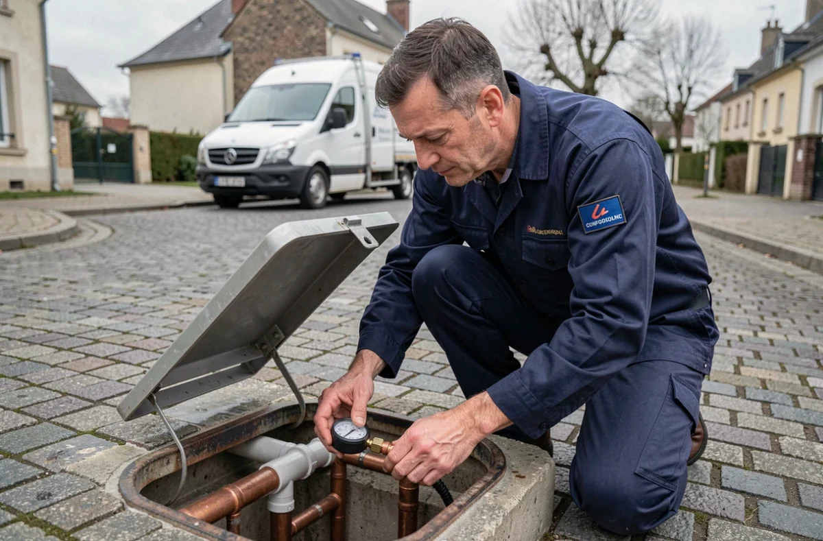 Technicien de réseau d'eau du Sedif inspectant une canalisation souterraine dans une rue résidentielle d'Île-de-France