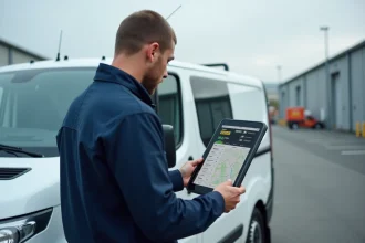 Technicien terrain consultant l'application Agendis 62 sur tablette pour gérer ses interventions depuis son véhicule de service