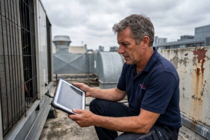 Technicien terrain consultant des informations techniques sur une tablette robuste lors d'une intervention sur un équipement CVC en toiture