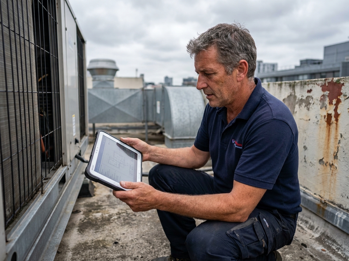 Technicien terrain consultant des informations techniques sur une tablette robuste lors d'une intervention sur un équipement CVC en toiture