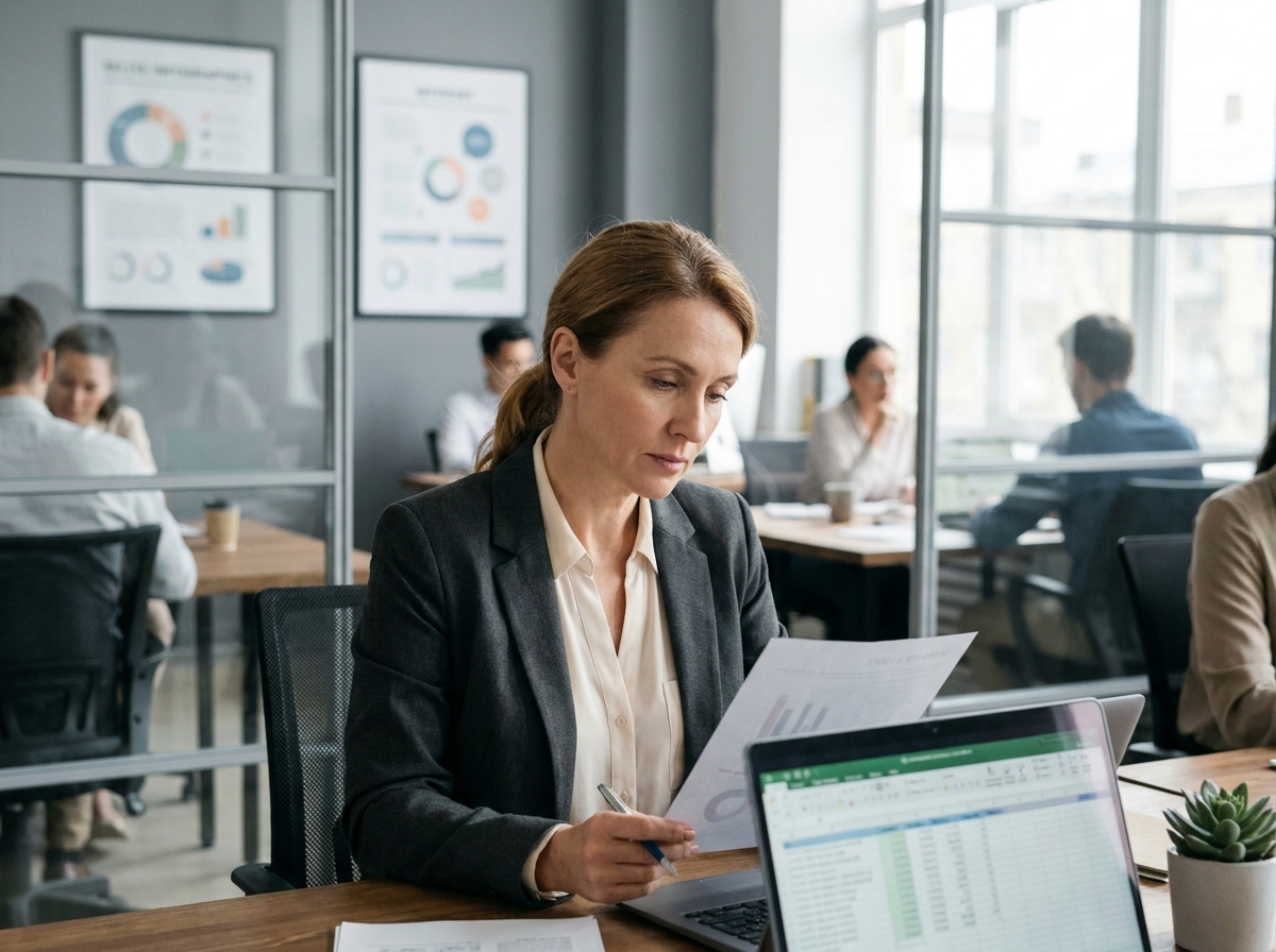 Femme analyste financière examinant des rapports de trésorerie et des tableaux de bord d'investissement dans un bureau moderne
