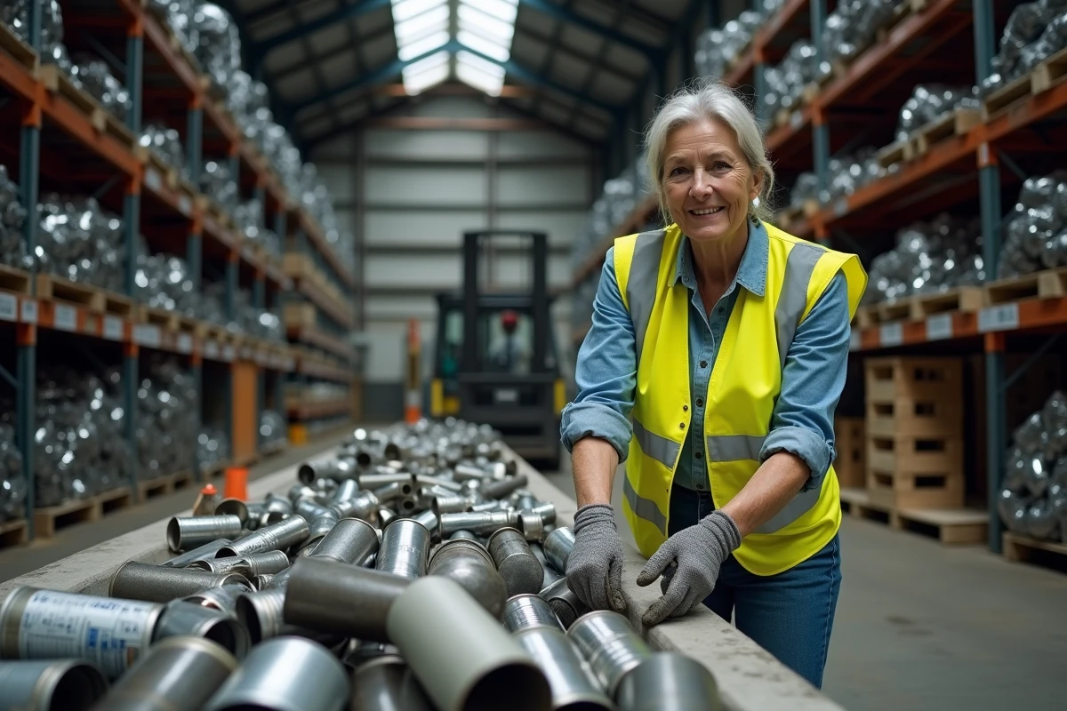Femme triant des métaux ferreux et non-ferreux sur une table de tri dans un entrepôt de recyclage de ferraille