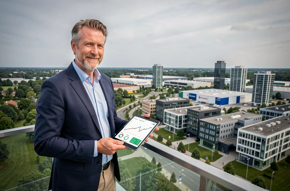 Urbaniste tenant une tablette avec des indicateurs de performance économique devant un quartier d'affaires territorial en développement