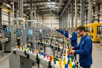 Usine de production de jouets Playmobil avec machines d'injection plastique et ouvriers en uniforme sur chaîne de montage