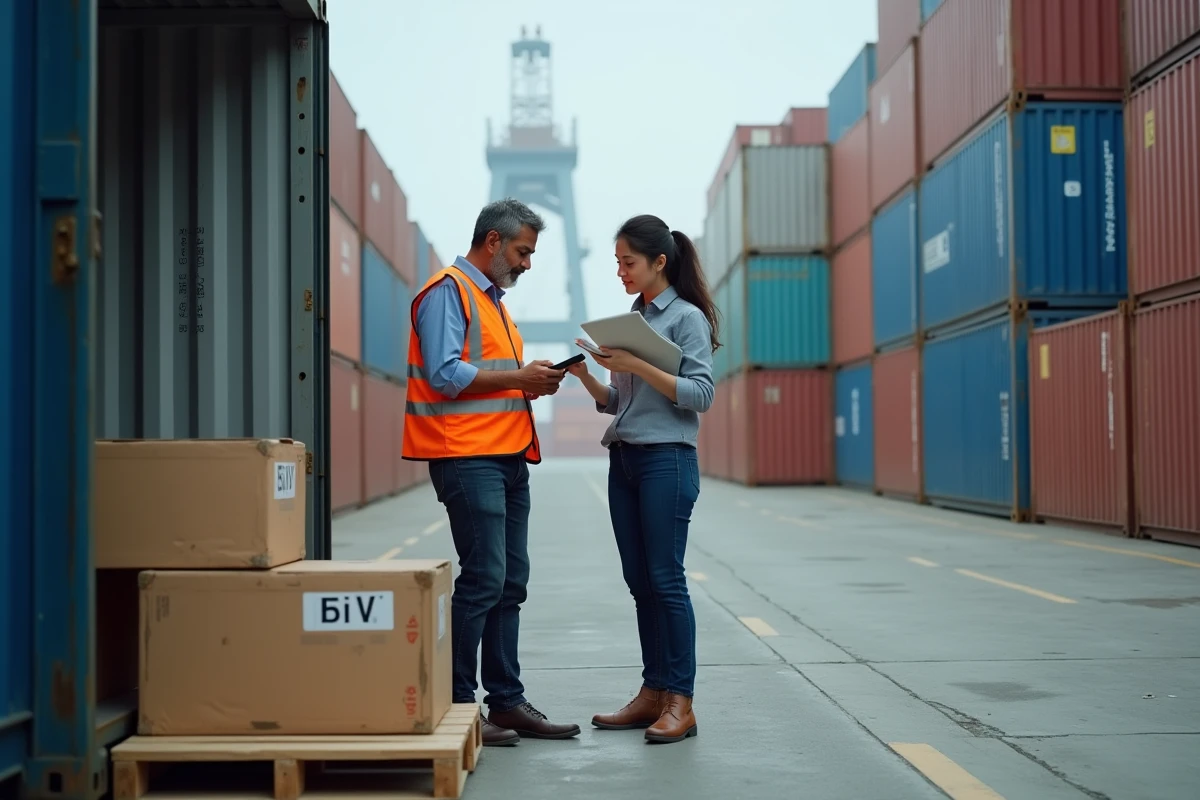 Professionnels de la logistique inspectant des colis d'exportation chinoise avec étiquettes CE Mark à un terminal portuaire