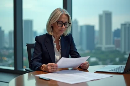 Une professionnelle en costume marine examine attentivement un contrat d'investissement dans une salle de réunion moderne avant de signer