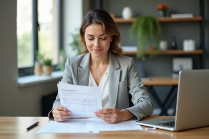 Femme d'affaires vérifiant les mentions obligatoires d'une facture dans un bureau moderne
