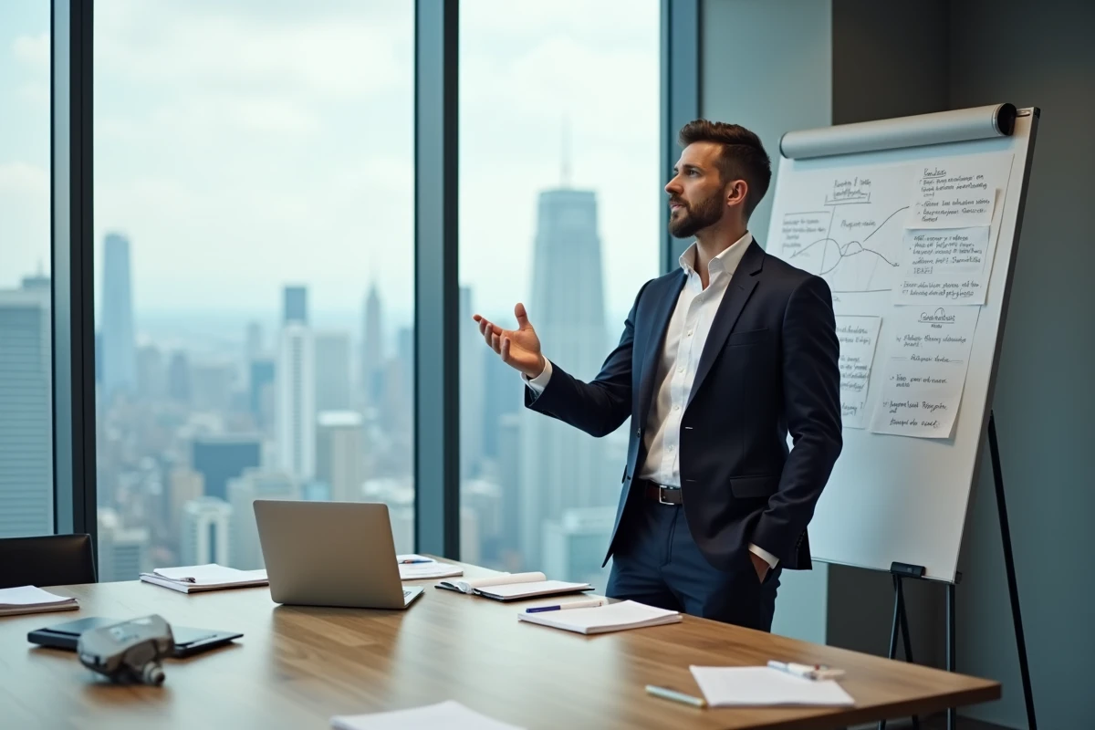 Dirigeant d'entreprise visionnaire présentant sa stratégie de transformation dans une salle de réunion moderne avec vue sur la ville