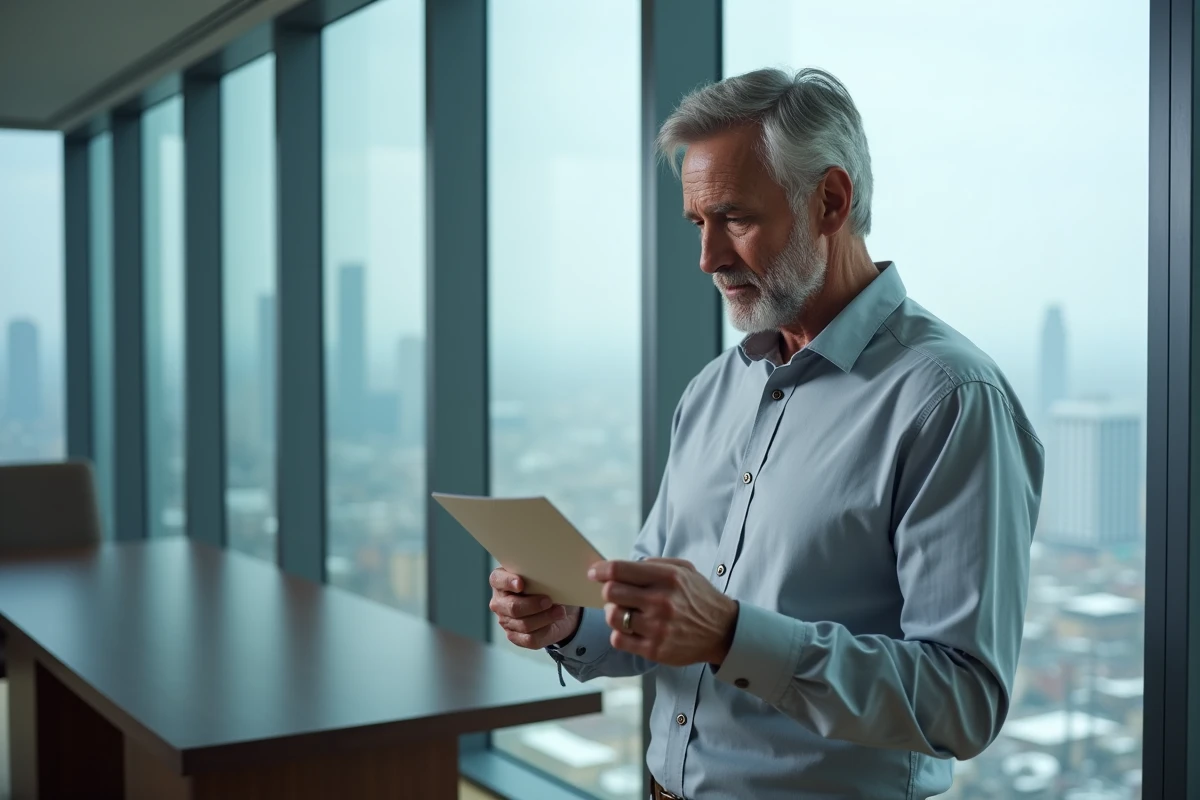 Dirigeant d'entreprise relisant une carte de vœux corporate du Nouvel An devant une vue panoramique sur la ville