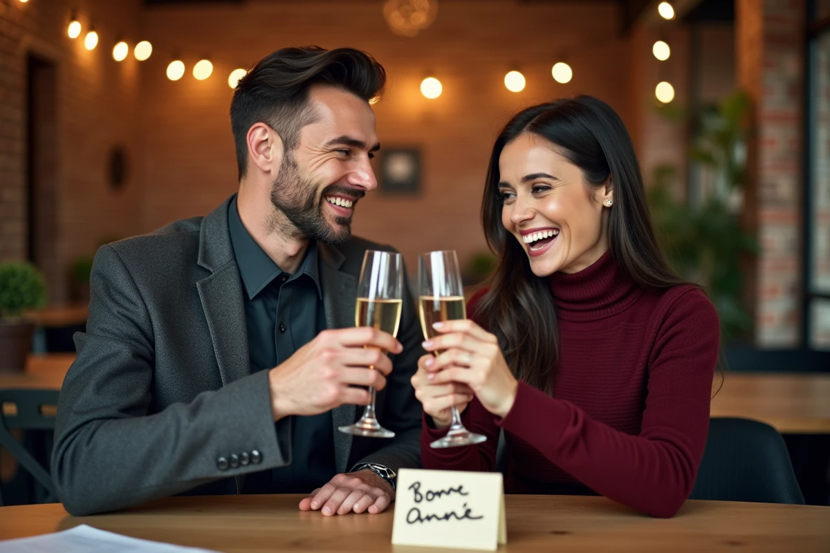 Deux collègues portant un toast avec des vœux de Nouvel An écrits à la main dans un espace de détente de bureau convivial