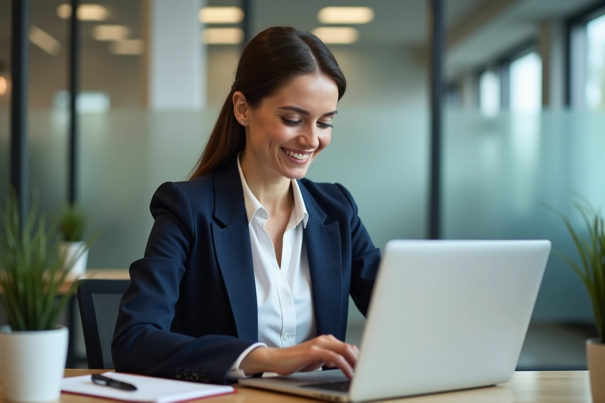 Femme professionnelle en blazer marine rédigeant des vœux de Nouvel An sur un ordinateur portable dans un bureau moderne